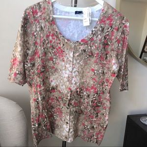 New Reitman’s XL Short Sleeved Button Cardigan Sweater Beige Pink Coral Print